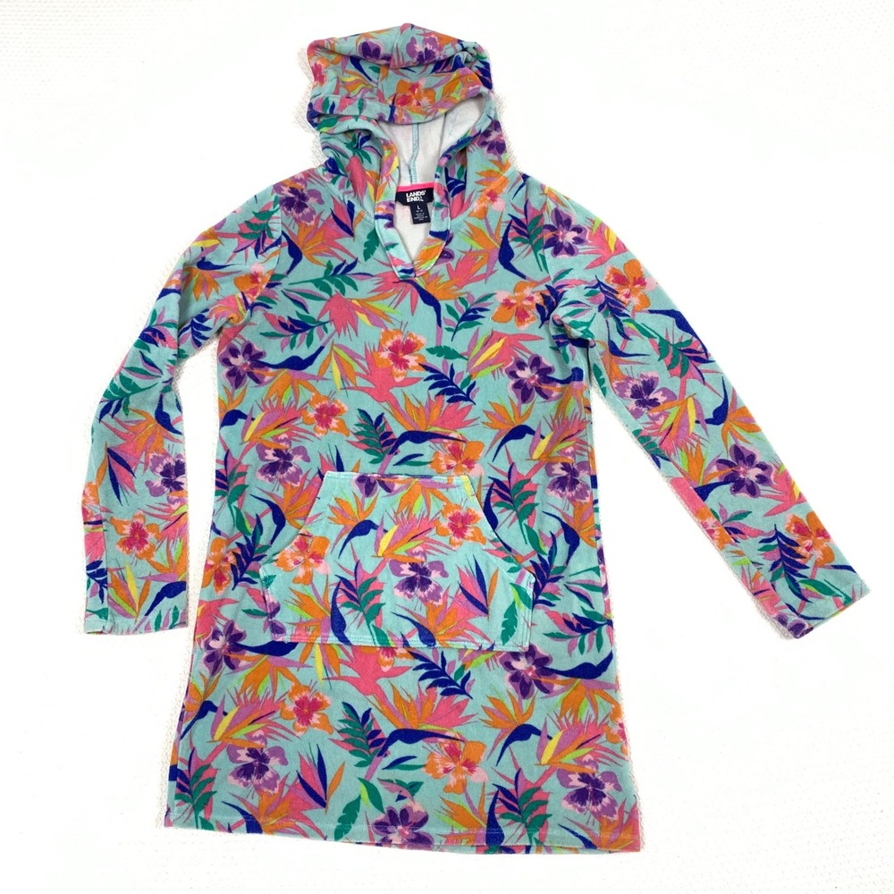 Lands End Girls L 10-12 Blue Pink Tropical Floral Terry Hooded Swim Cover Up